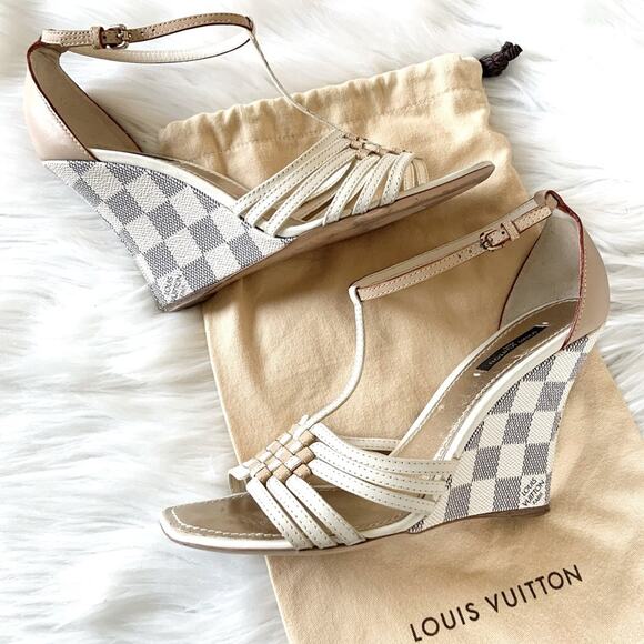 Louis Vuitton Damier Azur Wedge Sandals Size 38.5 Genuine Leather Authentic - Picture 1 of 17